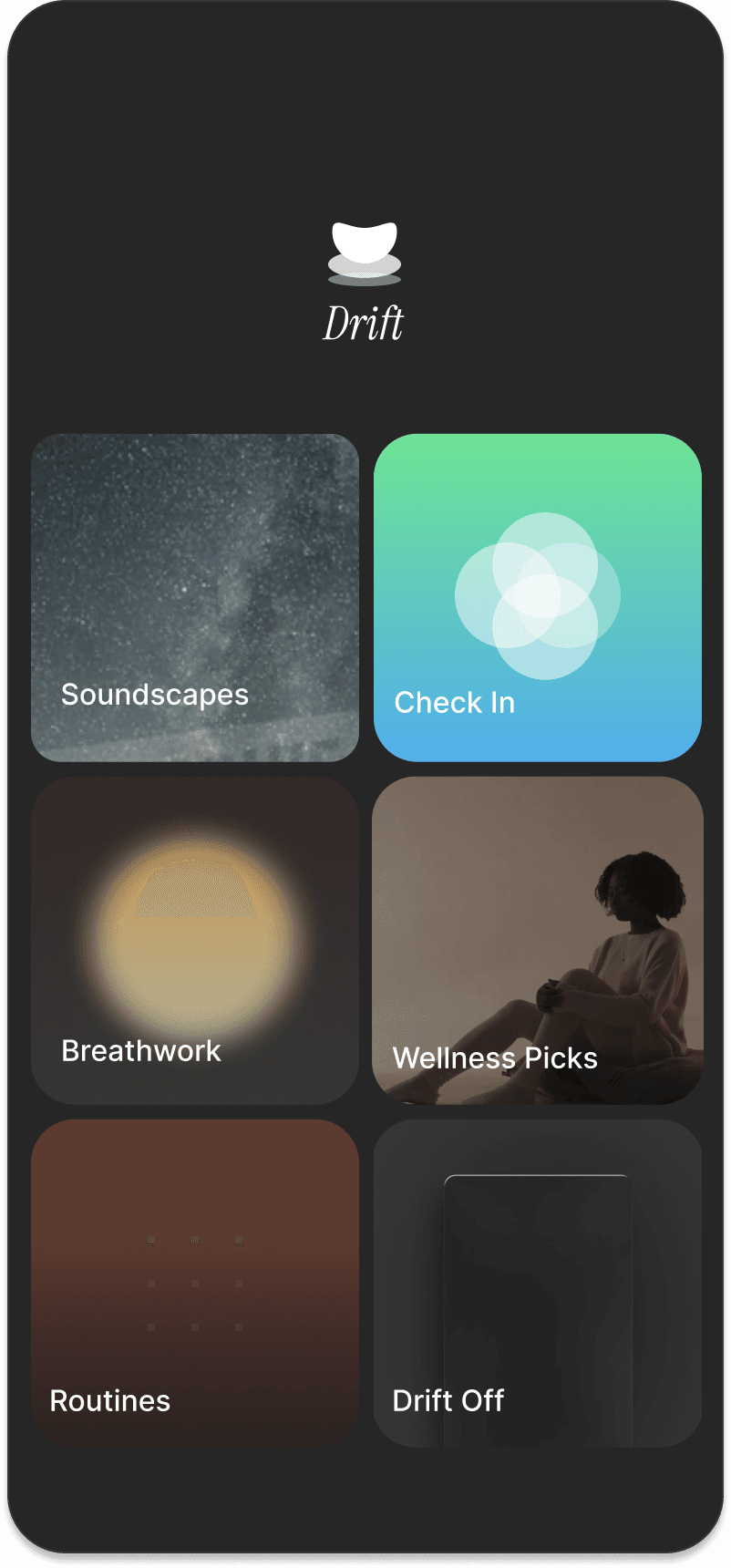 The Drift app home screen, with Soundscapes, Check In, Breathwork, Wellness Picks, Routines, and Drift Off.